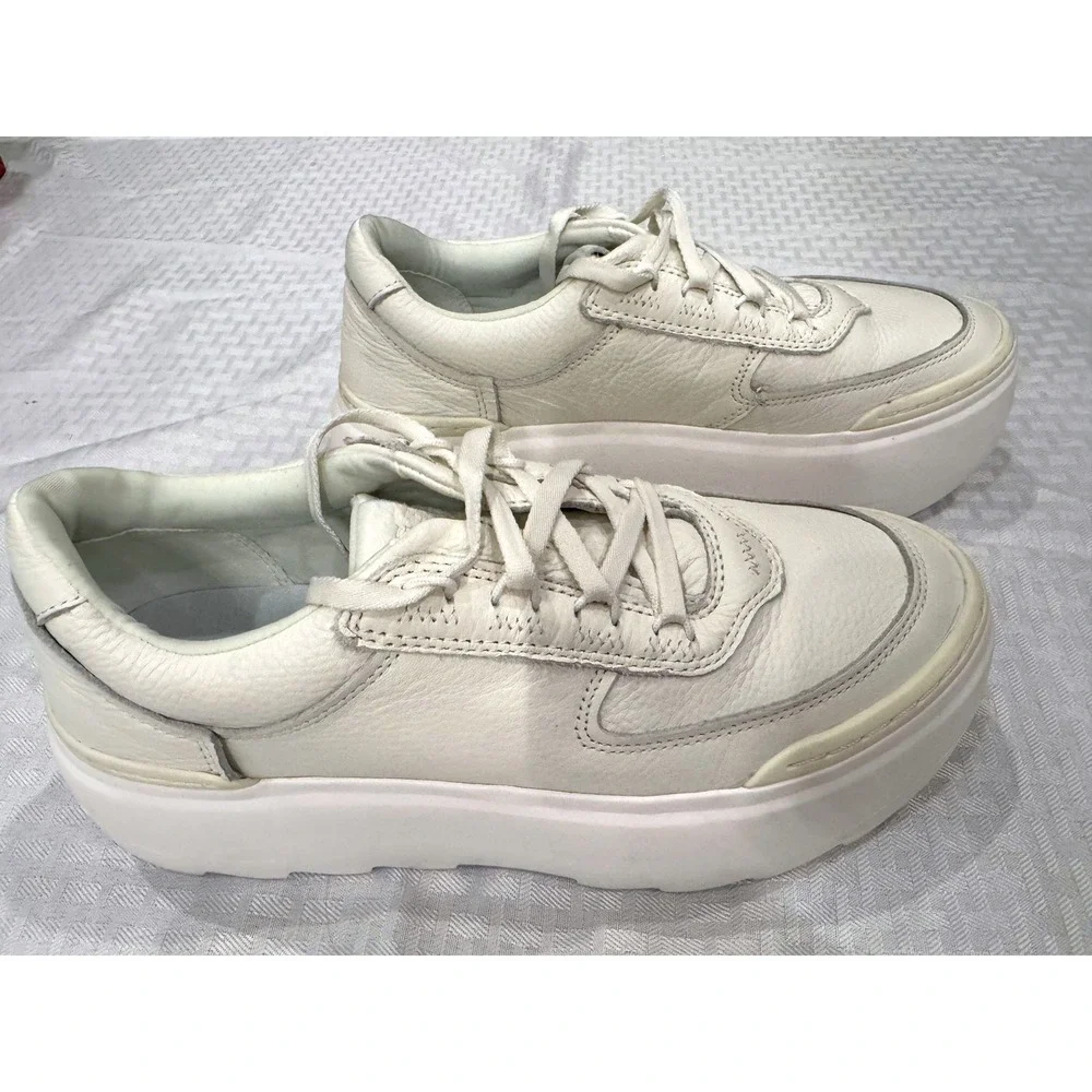 UGG Women's Platform Sneakers Cream Leather Chunky Lace Up Casual Shoes‎ Size 9